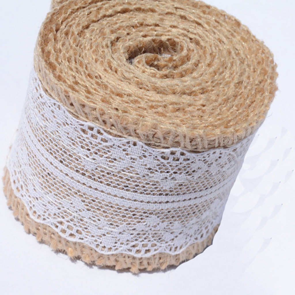 Natural Burlap Ribbon Roll White Lace Jute Trims Tape for Wedding Decoration