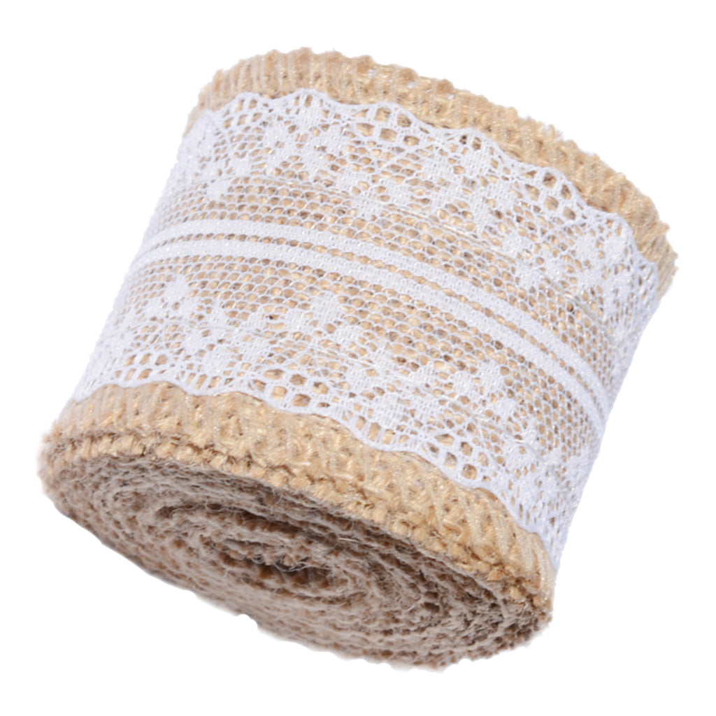 Natural Burlap Ribbon Roll White Lace Jute Trims Tape for Wedding Decoration