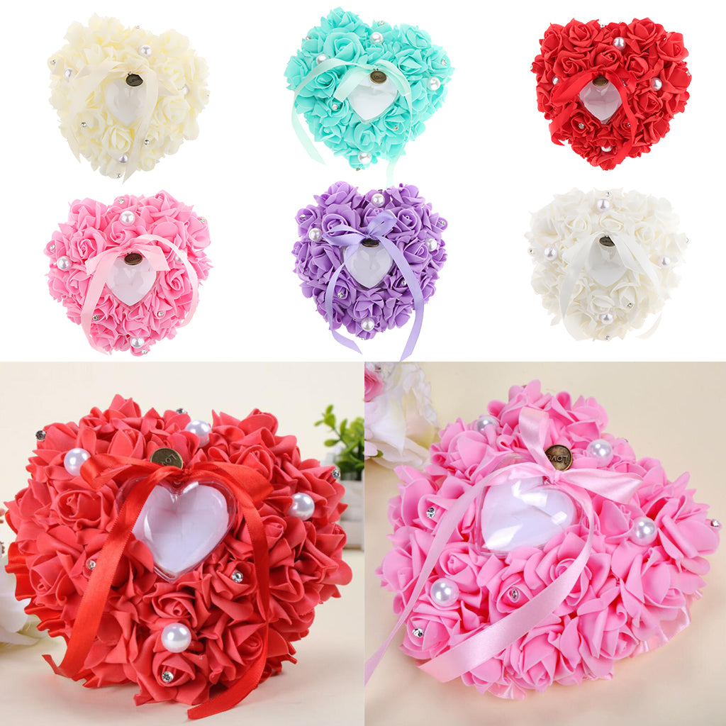 Heart-shaped PE water diamond imitation pearl wedding ring pillow Red