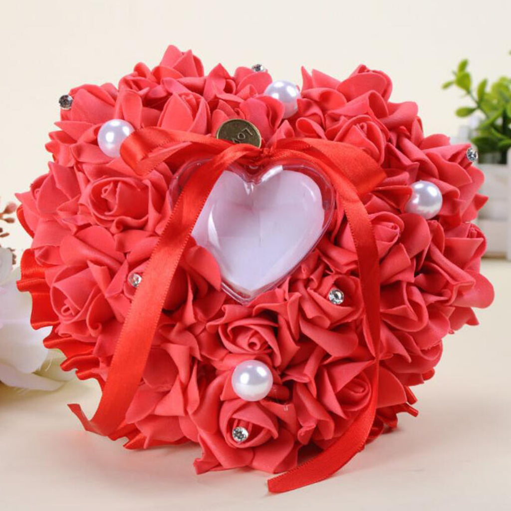 Heart-shaped PE water diamond imitation pearl wedding ring pillow Red