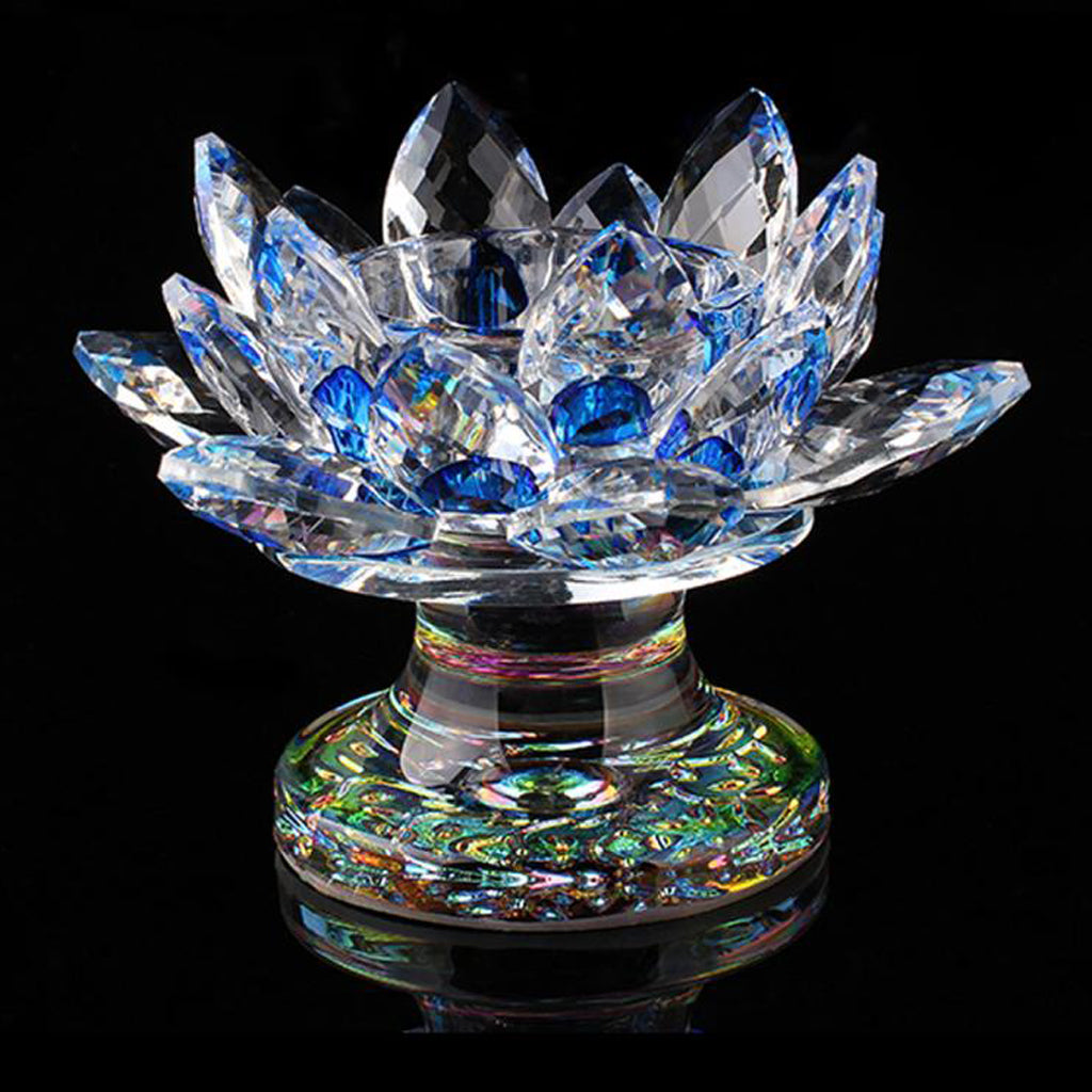 Crystal Glass Lotus Flower Tea Light Candle Holder Gift blue