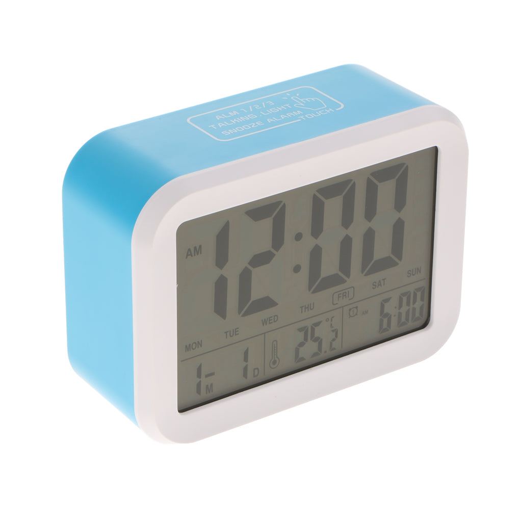 Digital Voice Alarm Clock with LCD Display Backlight Calendar Snooze  Blue