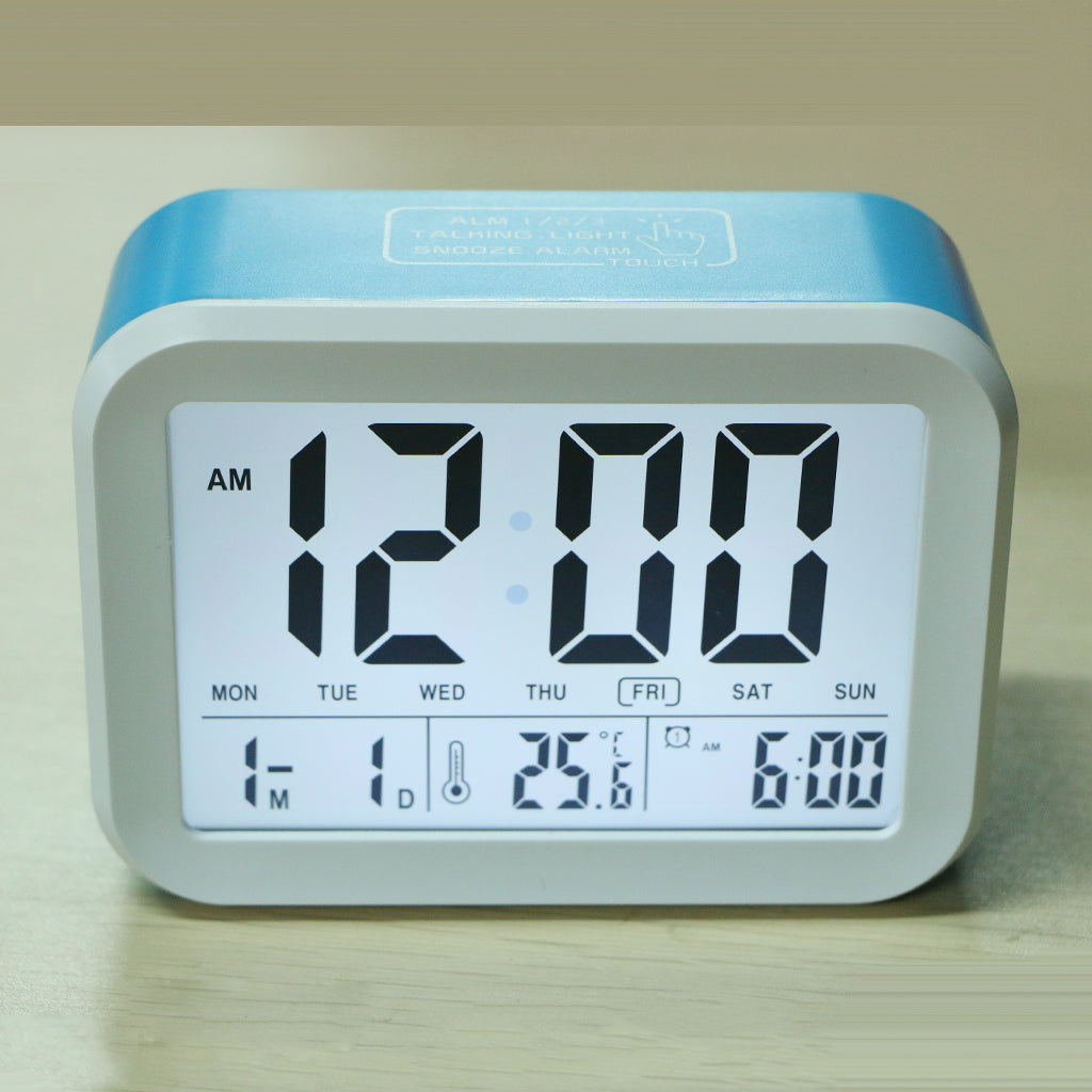 Digital Voice Alarm Clock with LCD Display Backlight Calendar Snooze  Blue