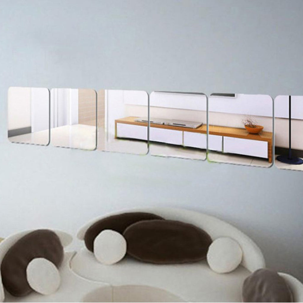 6 Pieces Self-adhesive Square Mirror Wall Stickers Decal #6 28x28cm Silver