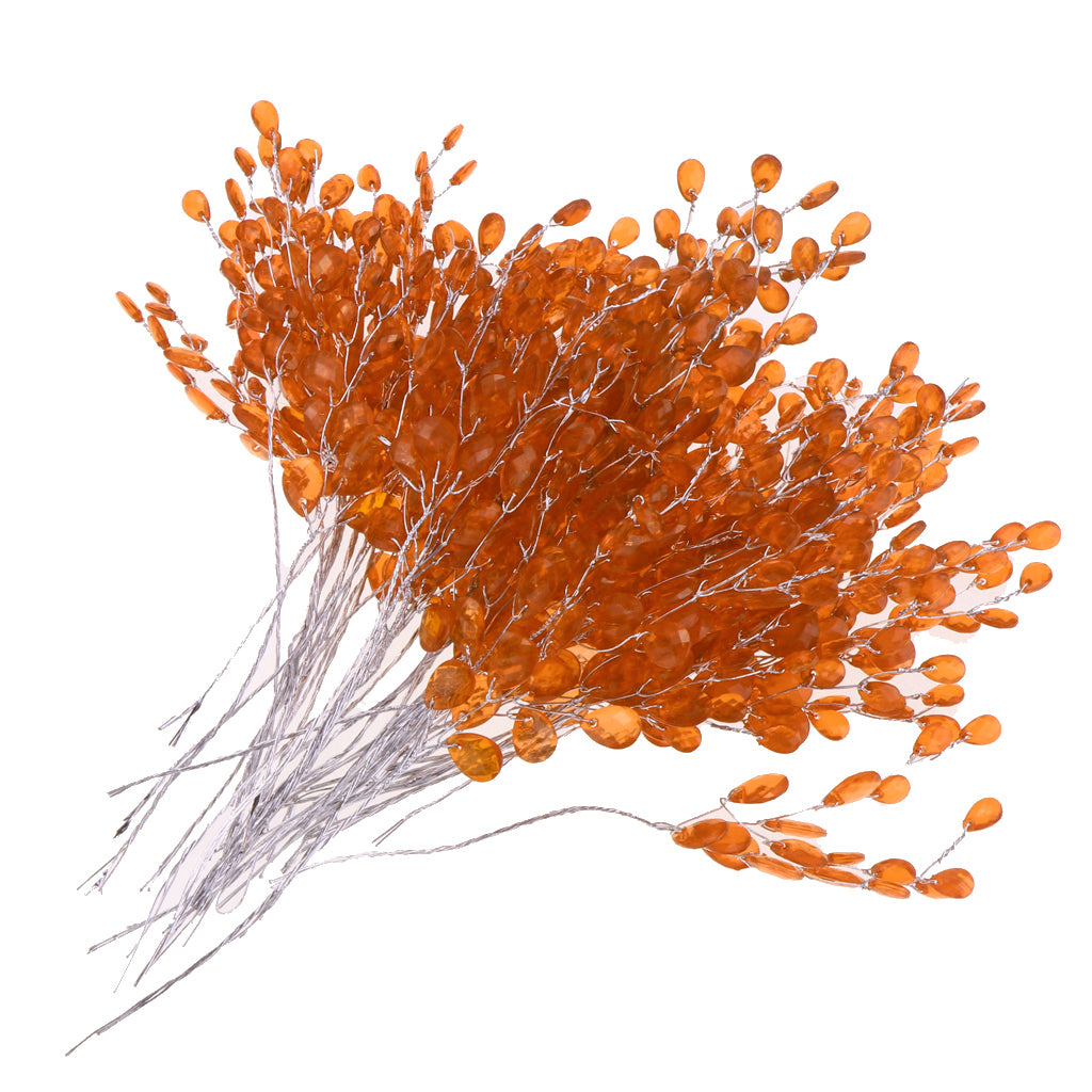 50pcs Artificial Flower Stem with Crystal Acrylic Bead Drop 15cm Orange