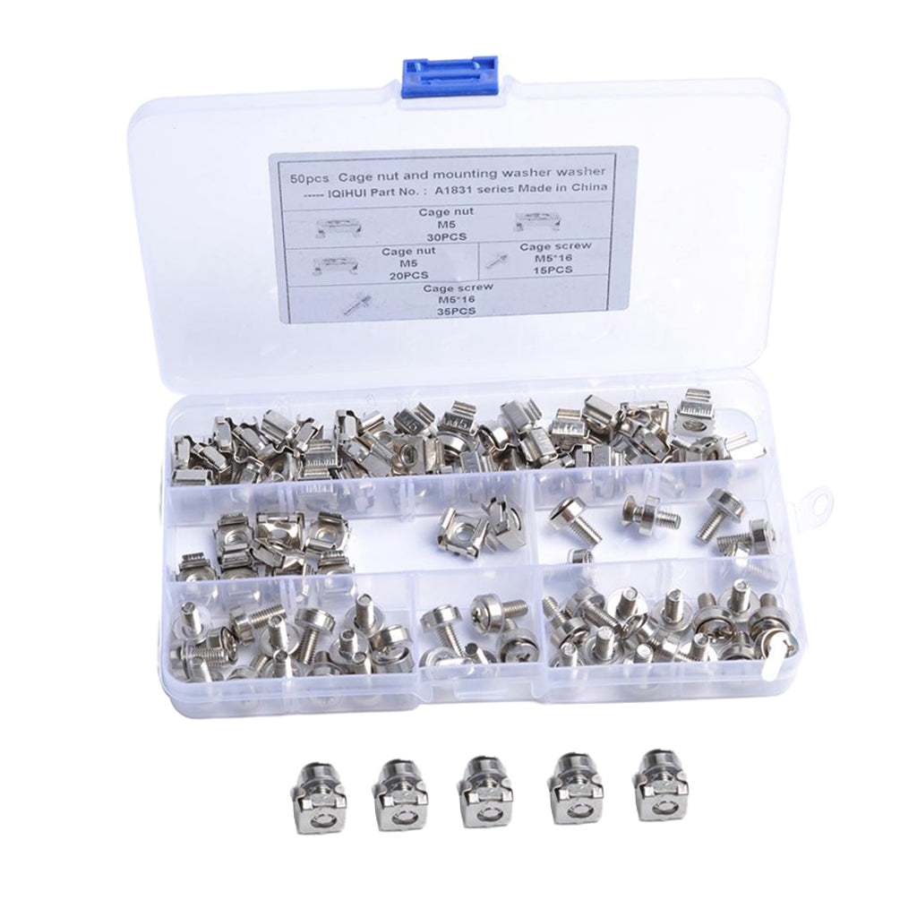 100 Pack Lot - M5x16 Rack Mount Cage Nuts & Screws w/ Washers - Square Clips