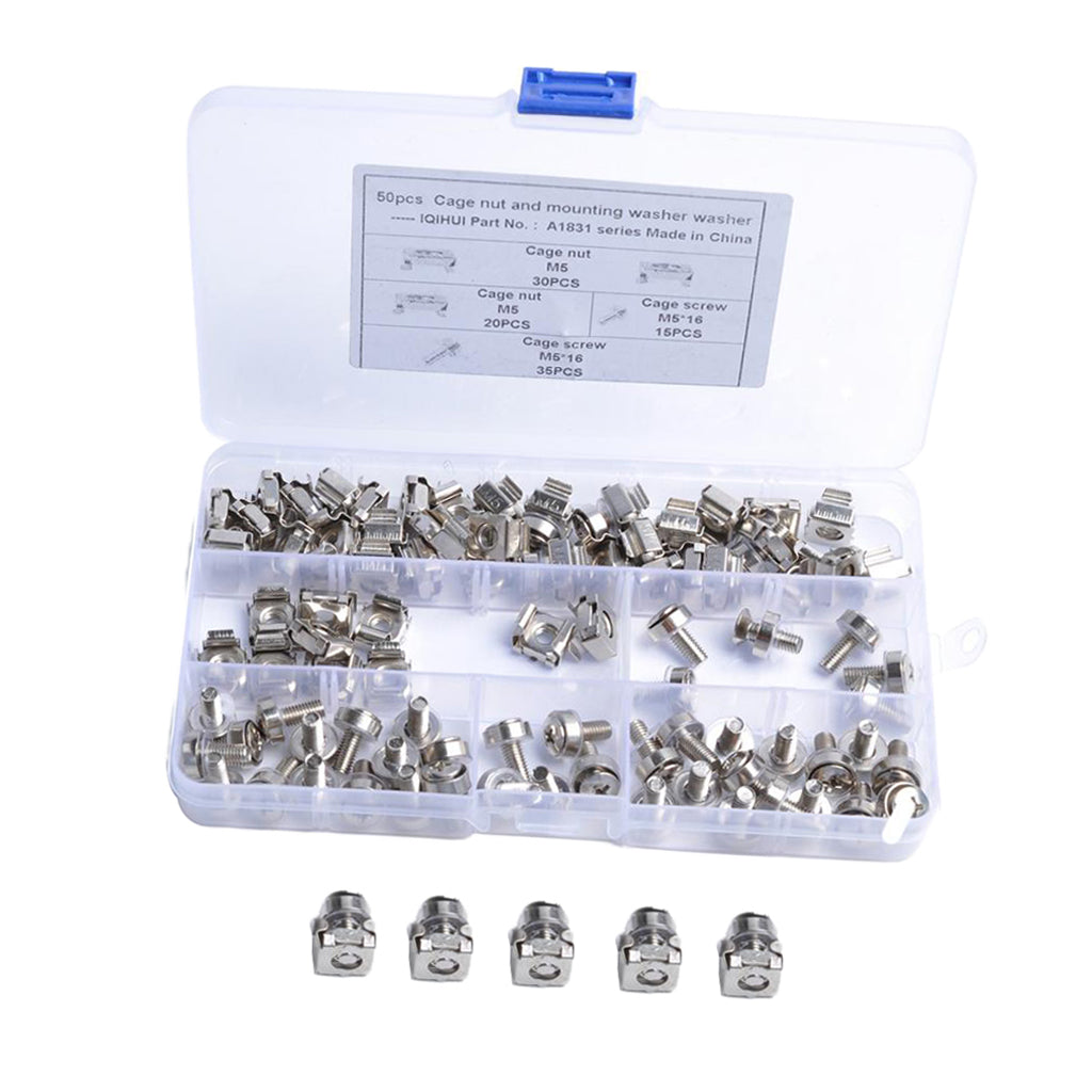 100 Pack Lot - M5x16 Rack Mount Cage Nuts & Screws w/ Washers - Square Clips