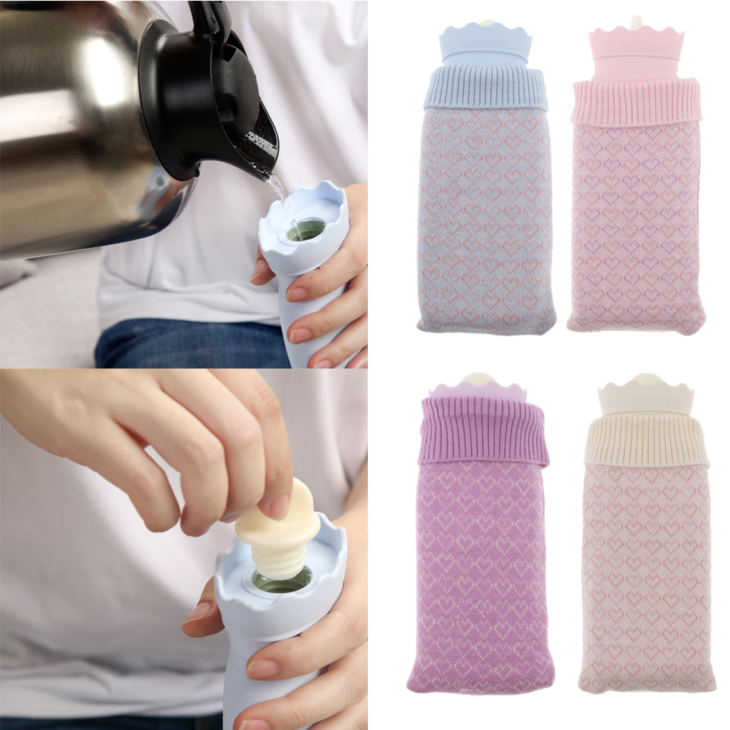 Portable Heat Water Bag Hot Water Bottle with Knit Cover for Warming Beige