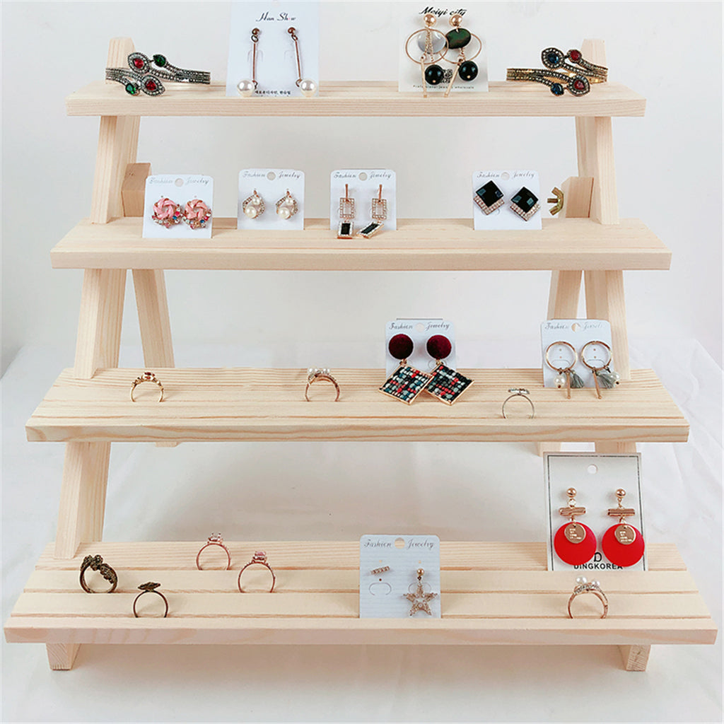 Jewelry Display Tray Earrings Rings Solid Wood Holder Organizer Shelf 4 Tier