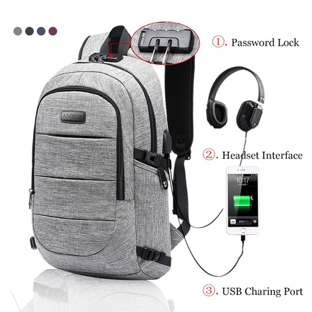 Anti-theft USB Charging Backpack Laptop Notebook Travel School Bag Gray