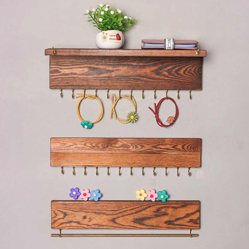 Set of 3 Wooden Jewelry Organizers Necklace Bracelet Hook Racks Brown