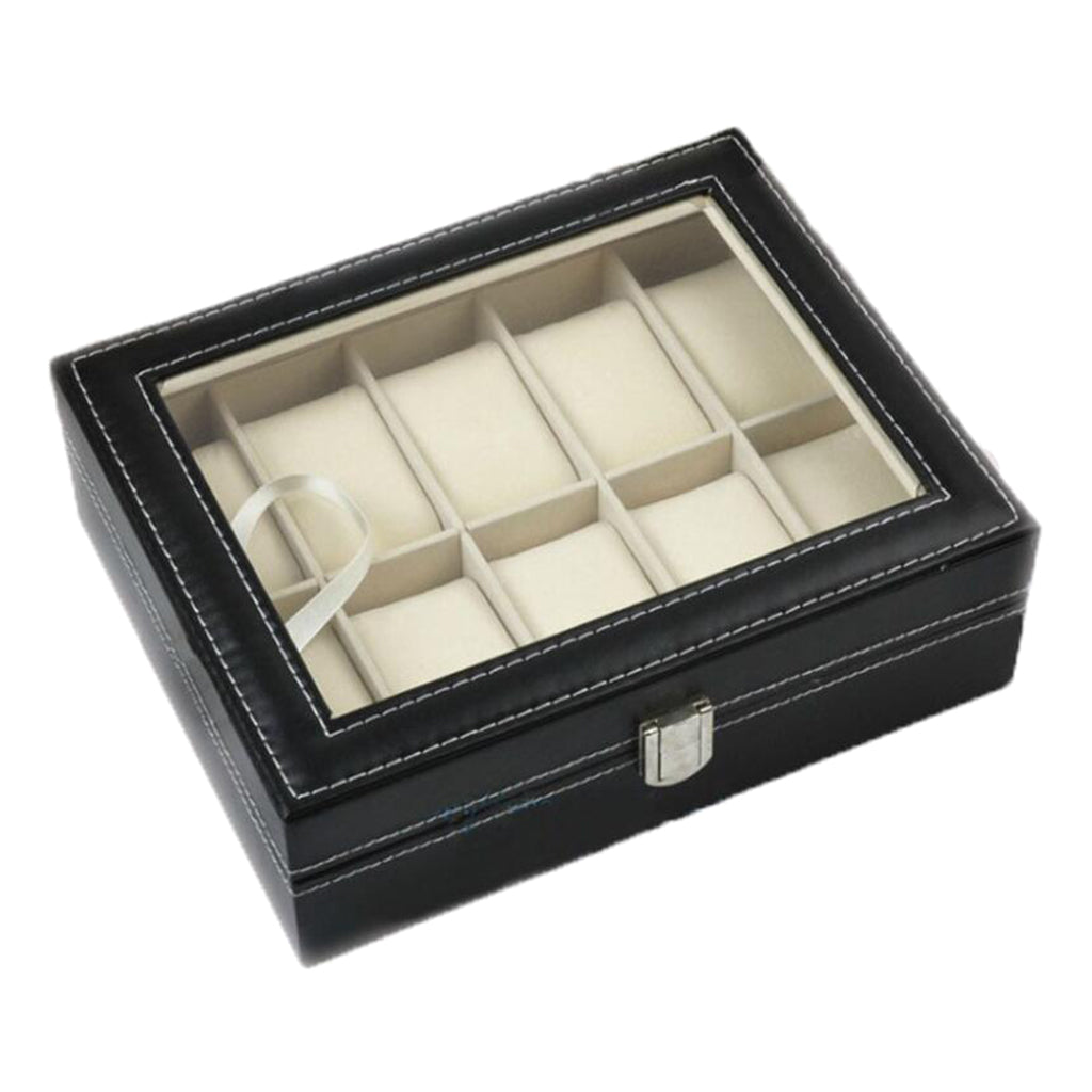 Leather 10 Slot Watch Box Glass Top Watch Jewelry Display Case Organizer