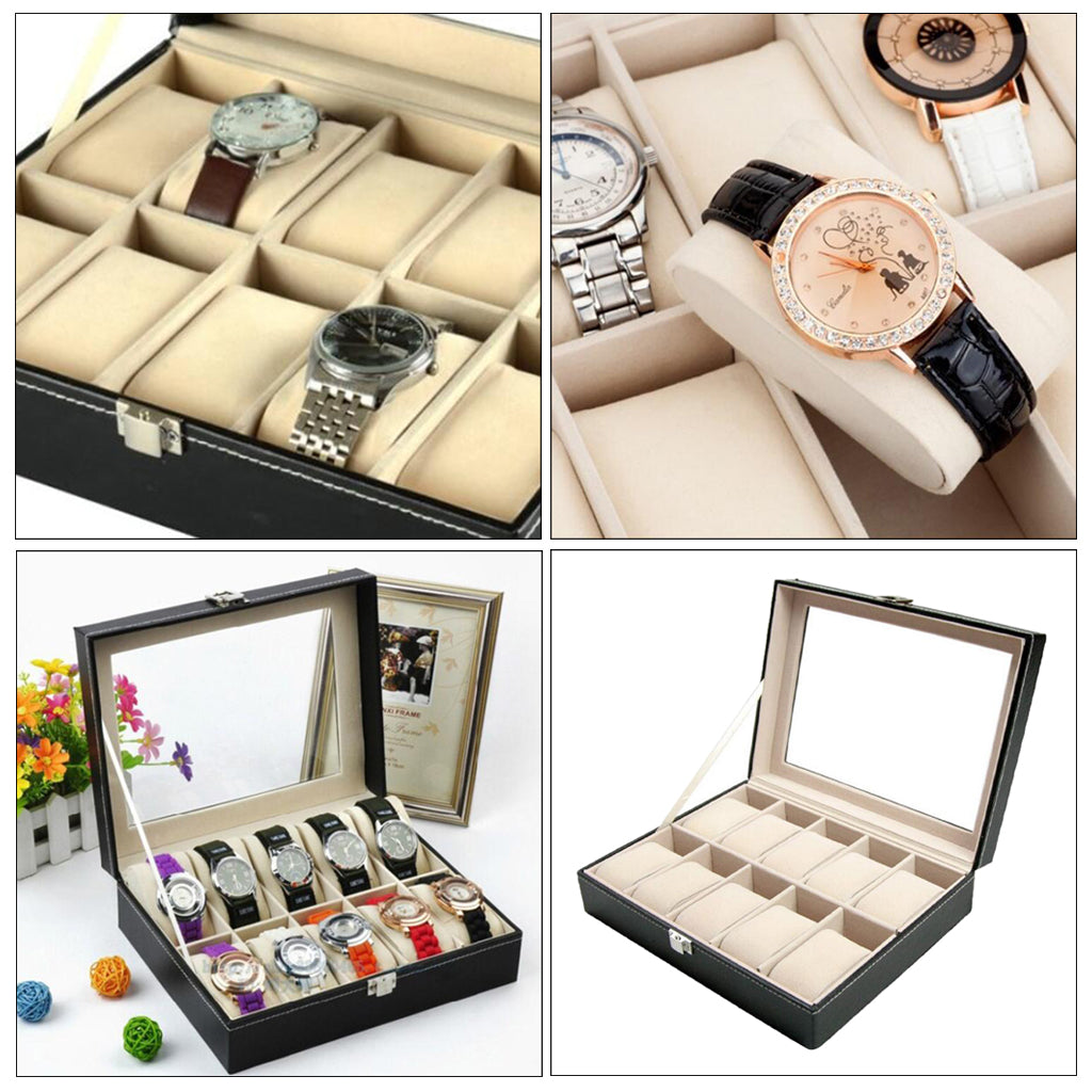 Leather 10 Slot Watch Box Glass Top Watch Jewelry Display Case Organizer