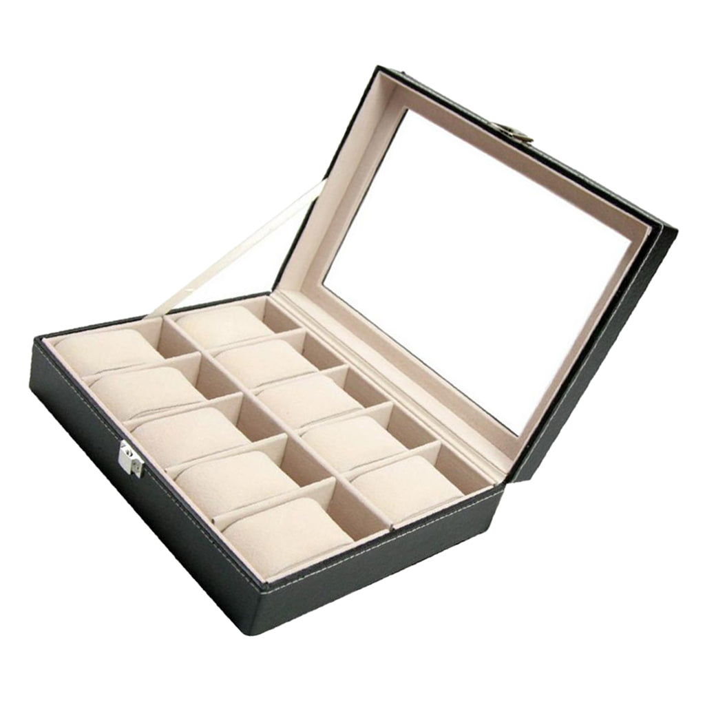 Leather 10 Slot Watch Box Glass Top Watch Jewelry Display Case Organizer