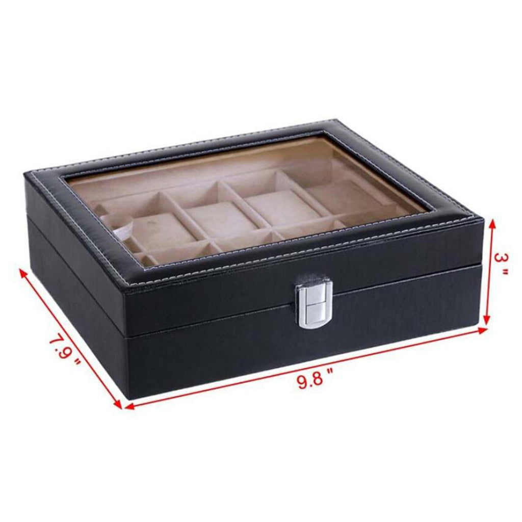 Leather 10 Slot Watch Box Glass Top Watch Jewelry Display Case Organizer