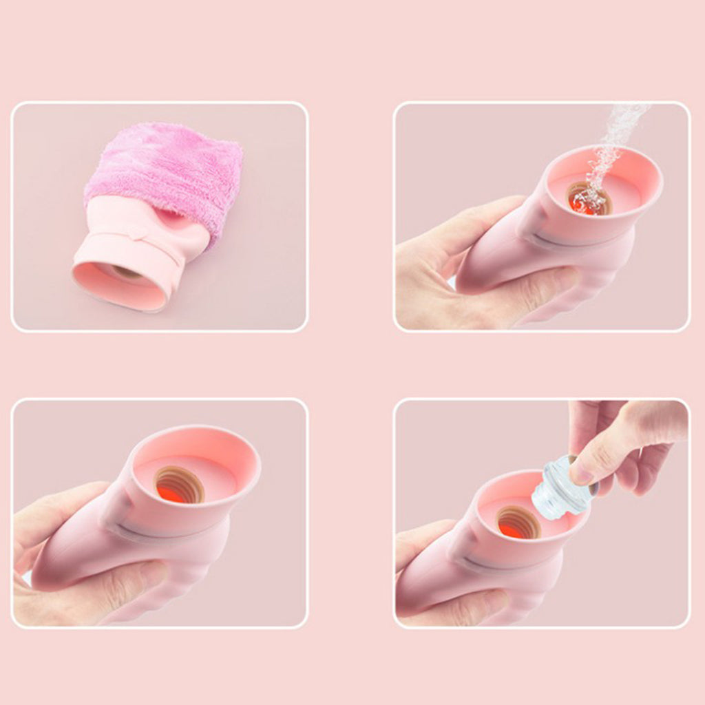 Portable Silicone Hot Water Bag Warm Heat Water Bottle with a Plush Sleeve Pink