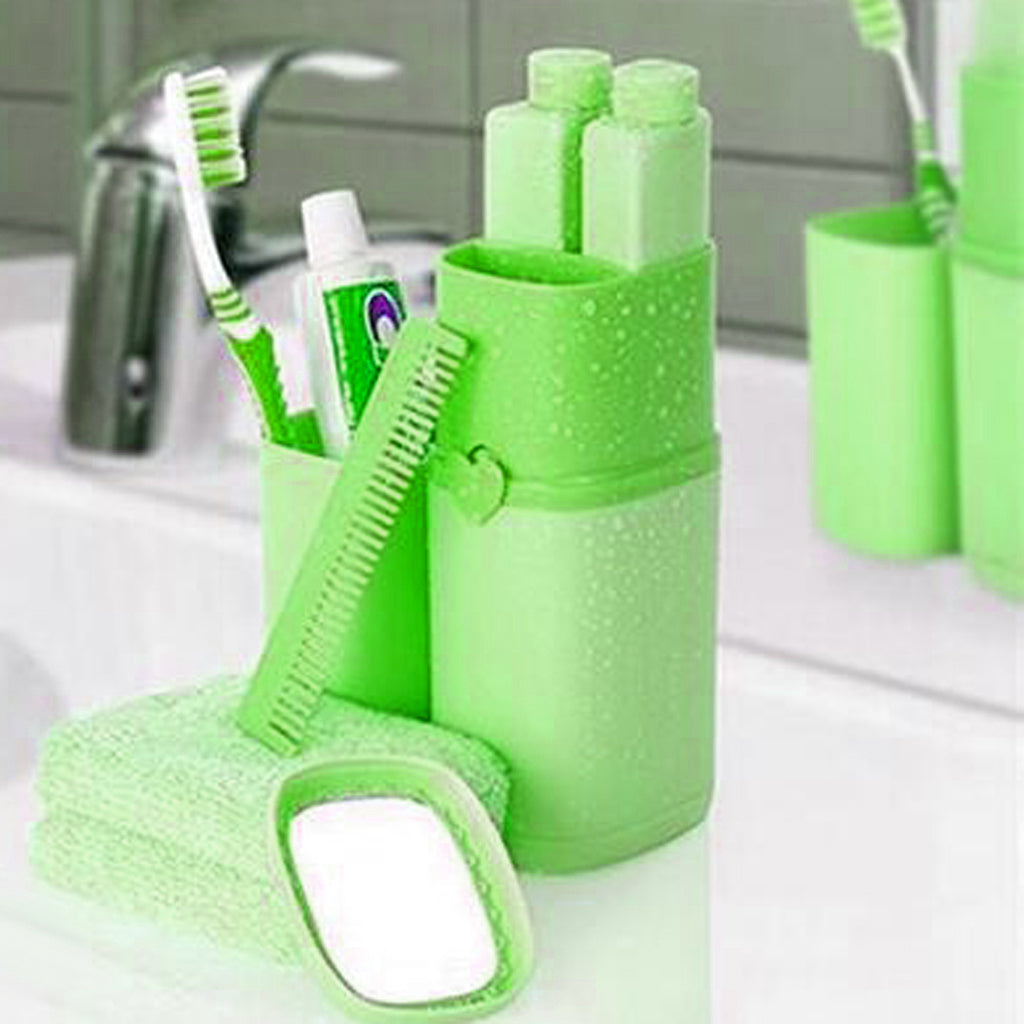 5 Pieces Portable Toothbrush Travel Case Box Wash Gargle Cup Set Green