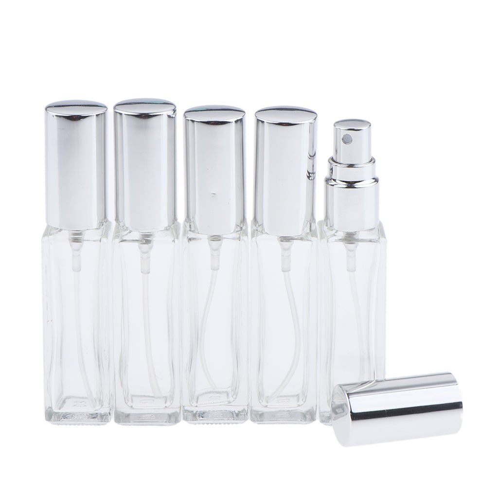 5x Empty Refillable Perfume Bottle Pump Spray Bottle 10ml Glass Shiny Silver