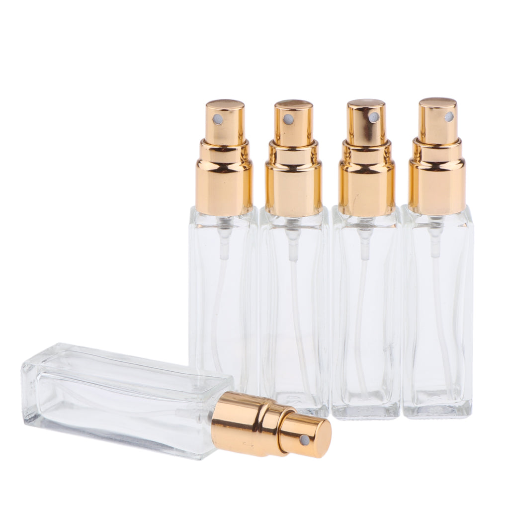 5x Empty Refillable Perfume Bottle Pump Spray Bottle 10ml Glass Shiny Golden