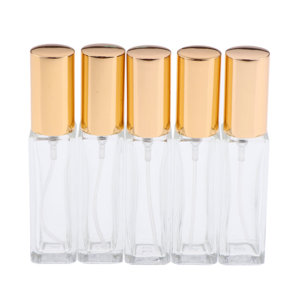 5x Empty Refillable Perfume Bottle Pump Spray Bottle 10ml Glass Shiny Golden