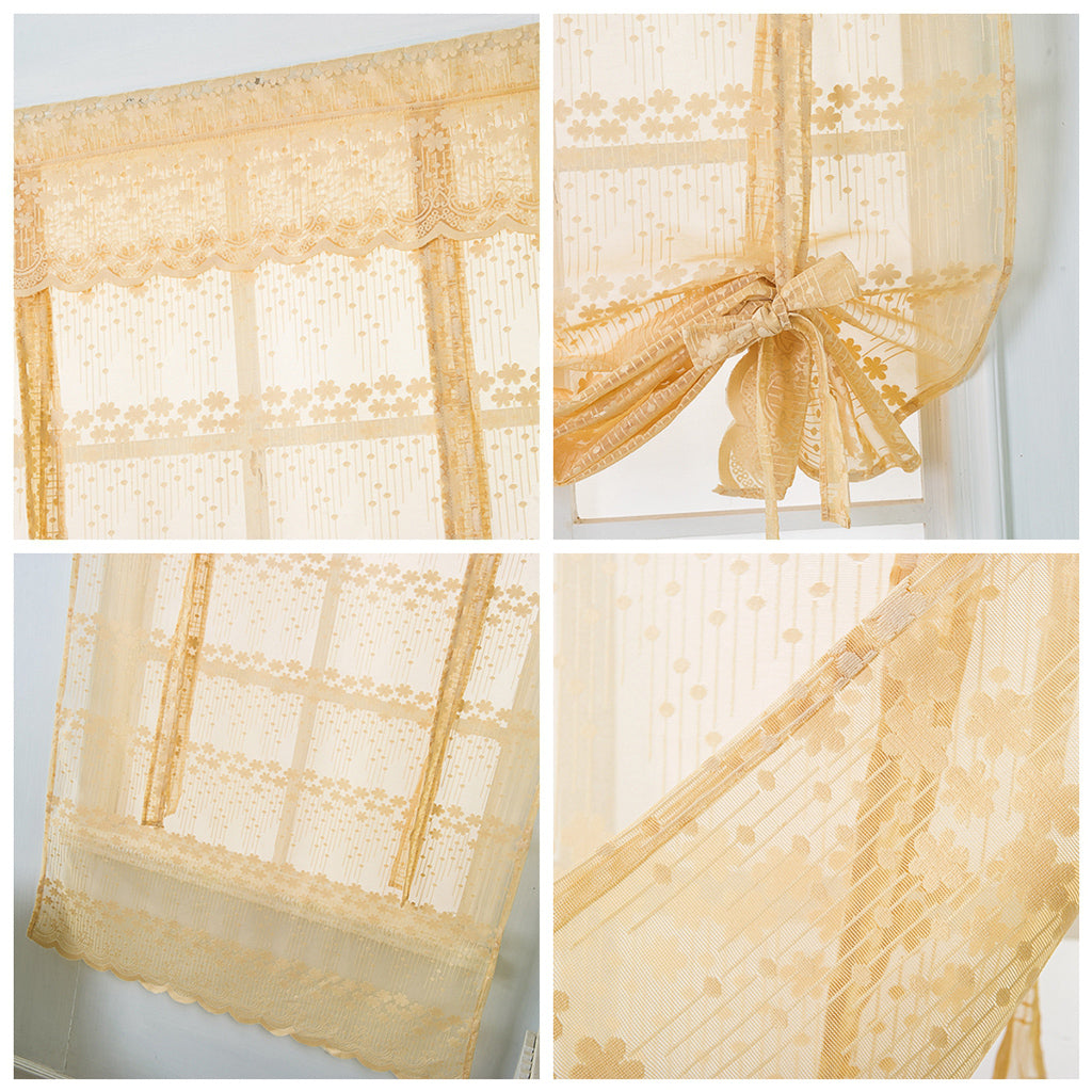 Tie-Up Shade Lace Voile Curtain Cafe Net Curtains for Kitchen Yellow_S