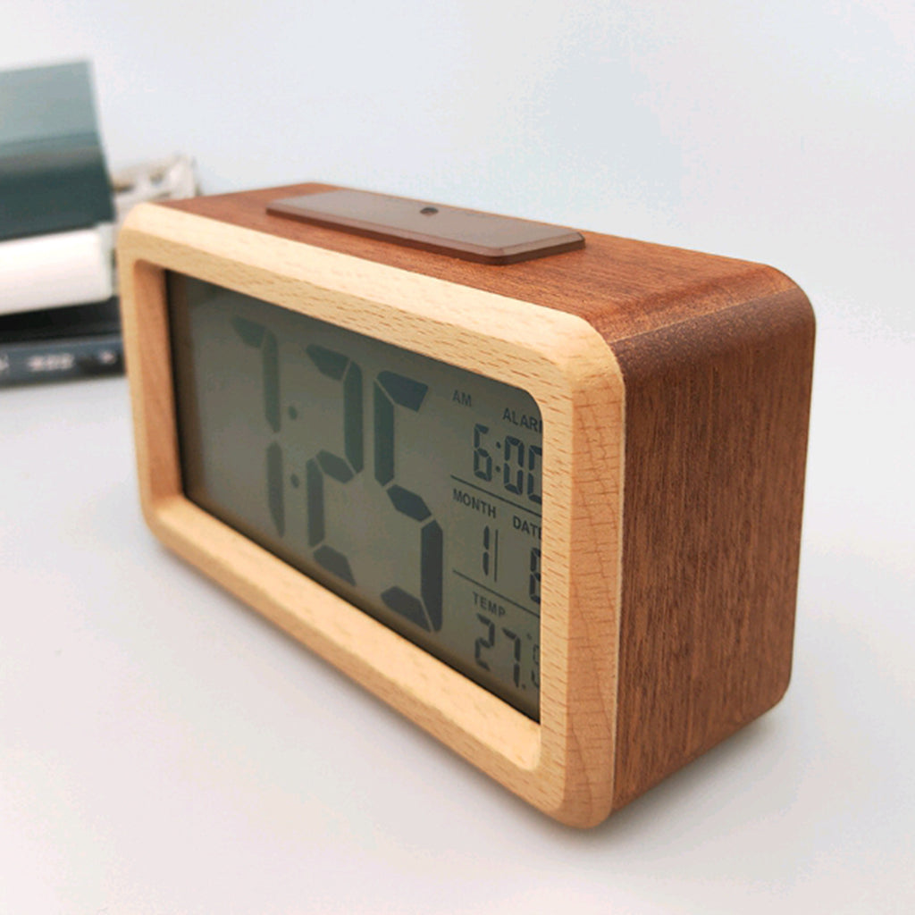 Wooden Electronic Smart Clock Date Temperature Dispaly Clock Brown