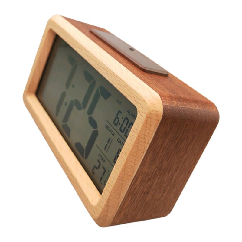 Wooden Electronic Smart Clock Date Temperature Dispaly Clock Brown