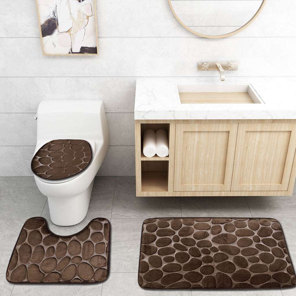 3 Pieces Bathroom Set Non-slip Bath Mat Contour Rug Toilet Lid Cover  Coffee