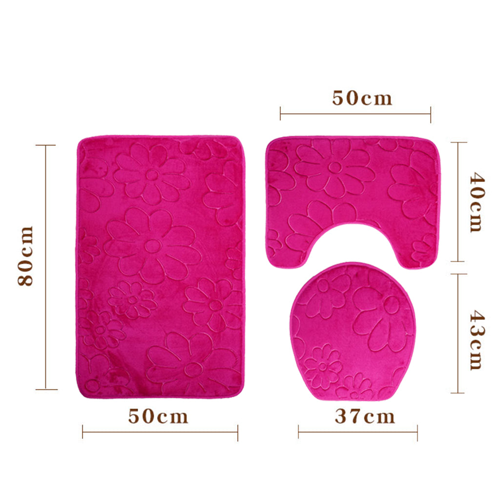 3 Pieces Non-slip Bath Mat Contour Rug Toilet Lid Cover  Flower-Rose Red