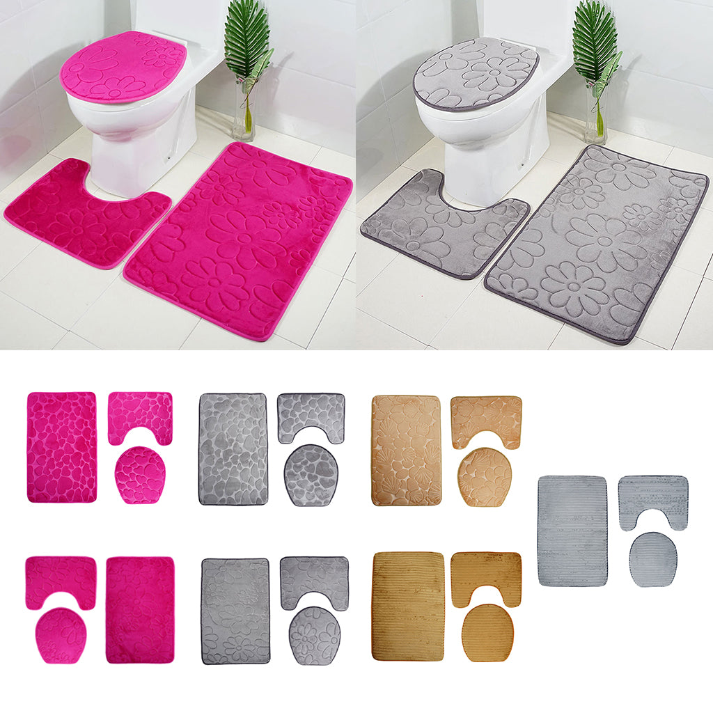 3 Pieces Non-slip Bath Mat Contour Rug Toilet Lid Cover  Flower-Rose Red