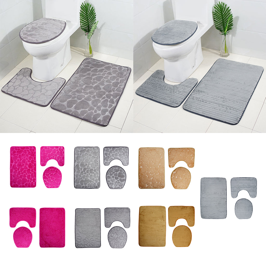 3 Pieces Non-slip Bath Mat Contour Rug Toilet Lid Cover  Flower-Rose Red