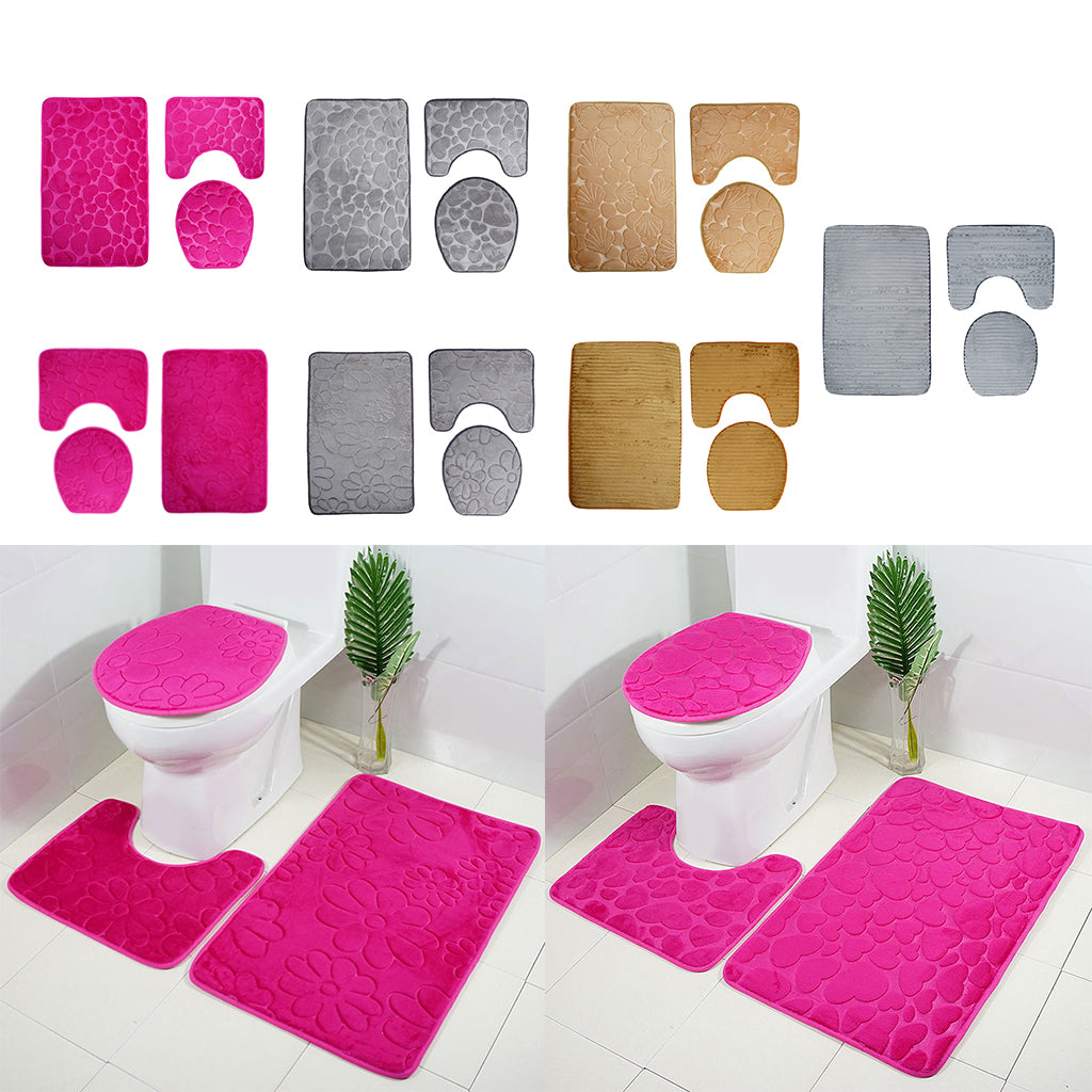 3 Pieces Non-slip Bath Mat Contour Rug Toilet Lid Cover  Flower-Rose Red