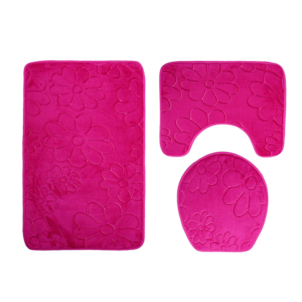 3 Pieces Non-slip Bath Mat Contour Rug Toilet Lid Cover  Flower-Rose Red