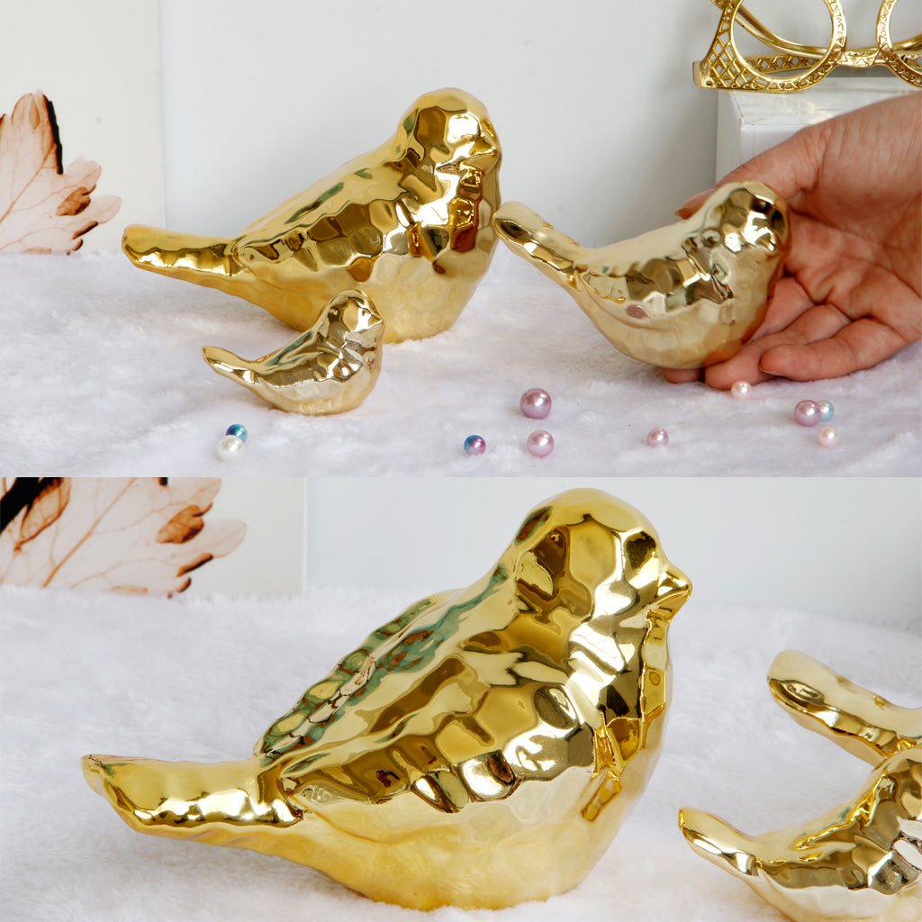 Golden Ceramic Birds Shaped Animal Figurines Craft Desktop Ornaments Size_L