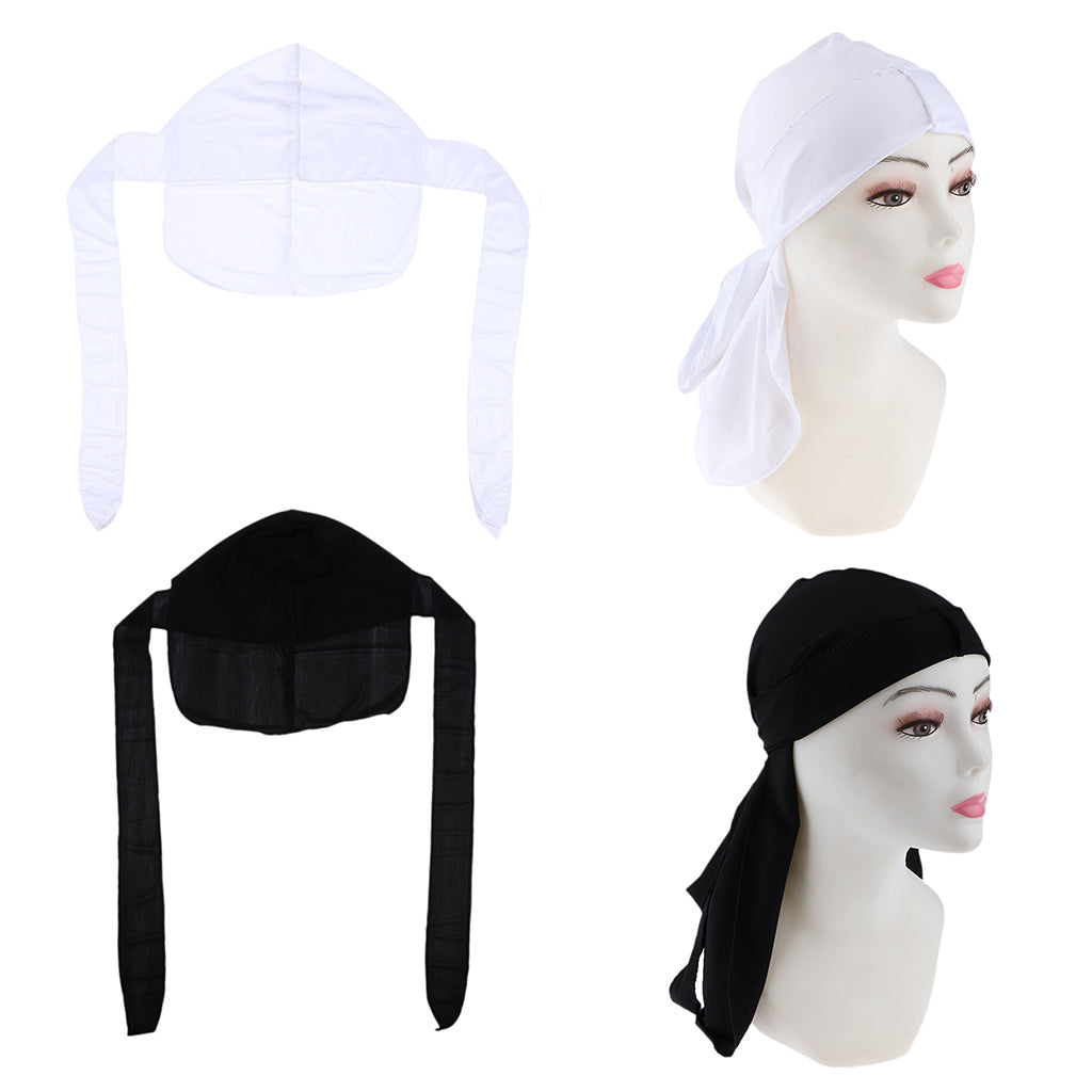 2pcs Long Tail Wide Straps Durag Solid Color Pirate Cap Two Tone Headwraps Black