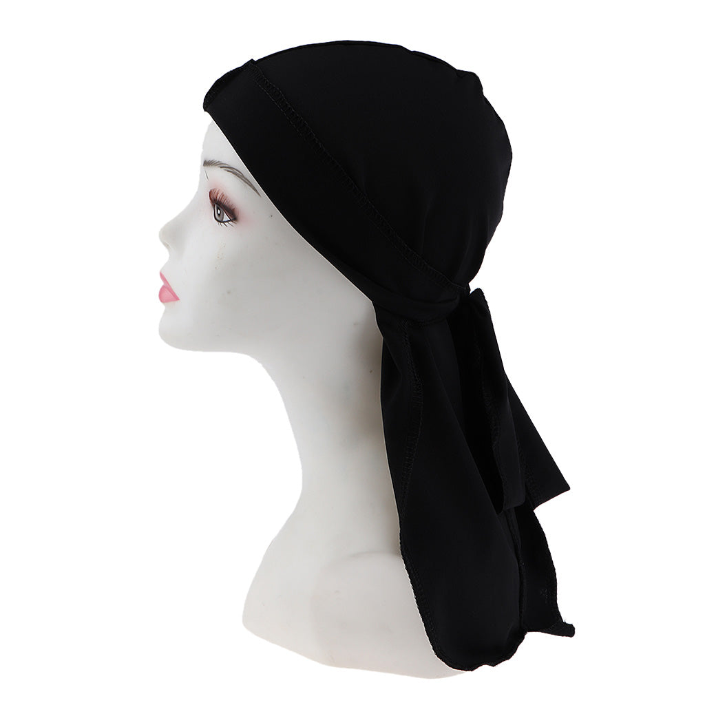 2pcs Long Tail Wide Straps Durag Solid Color Pirate Cap Two Tone Headwraps Black