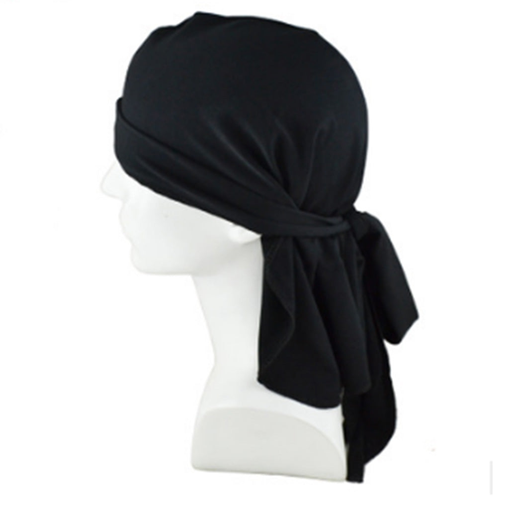 2pcs Long Tail Wide Straps Durag Solid Color Pirate Cap Two Tone Headwraps Black