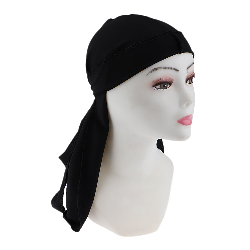 2pcs Long Tail Wide Straps Durag Solid Color Pirate Cap Two Tone Headwraps Black