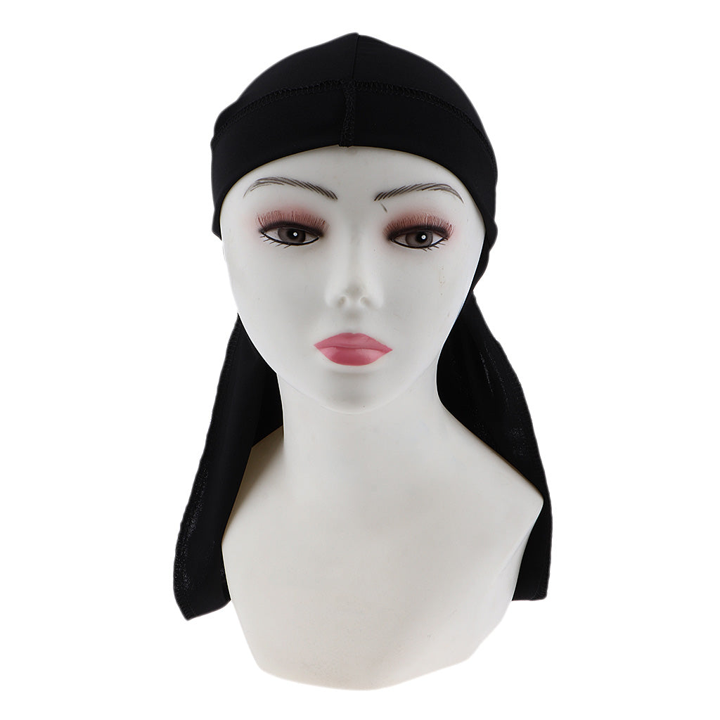 2pcs Long Tail Wide Straps Durag Solid Color Pirate Cap Two Tone Headwraps Black