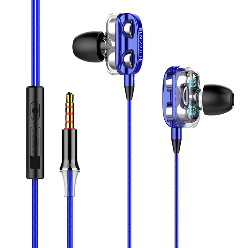 Double Speaker 1.2M Wired 3.5MM Earphone Earbuds HiFi Stereo Headset Blue