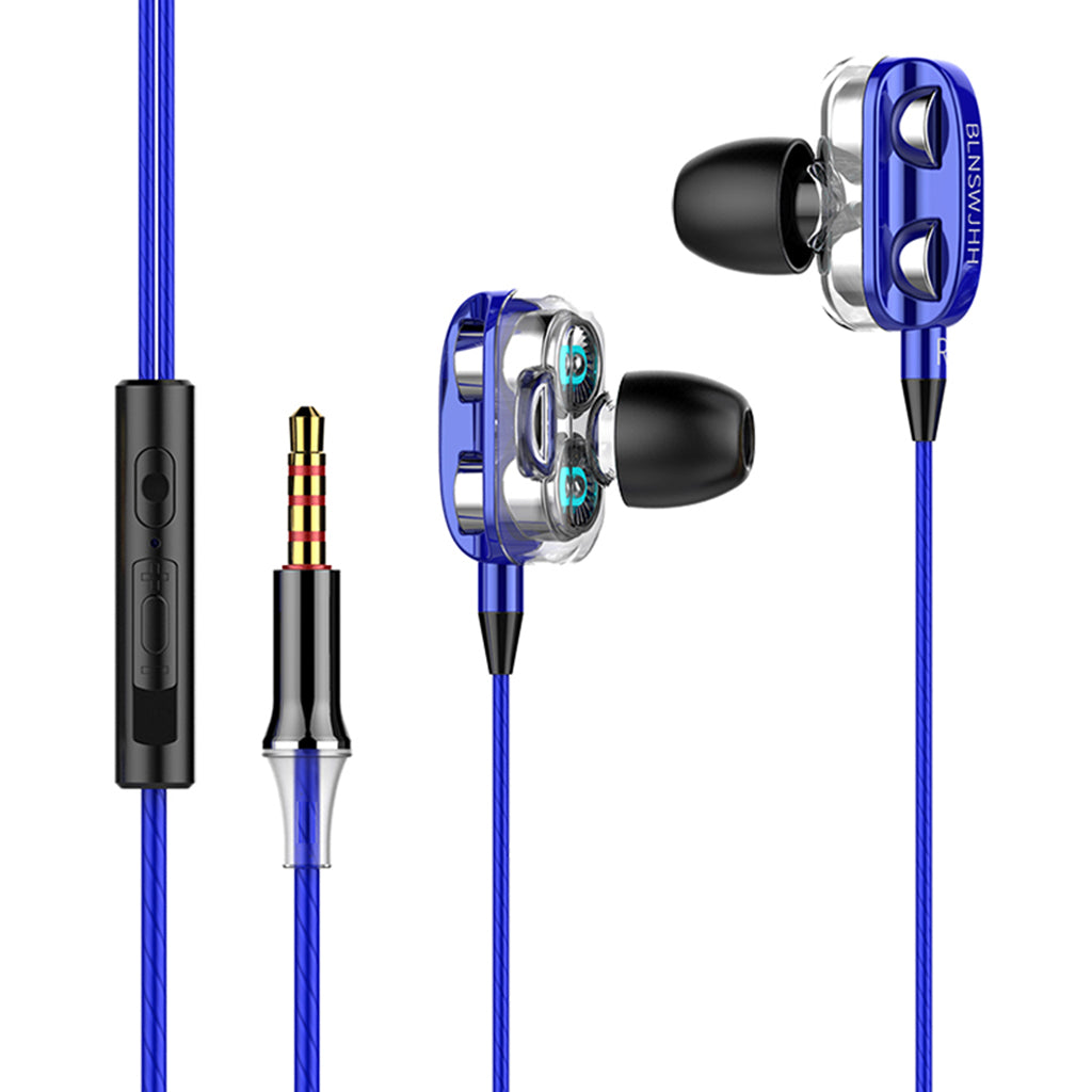 Double Speaker 1.2M Wired 3.5MM Earphone Earbuds HiFi Stereo Headset Blue