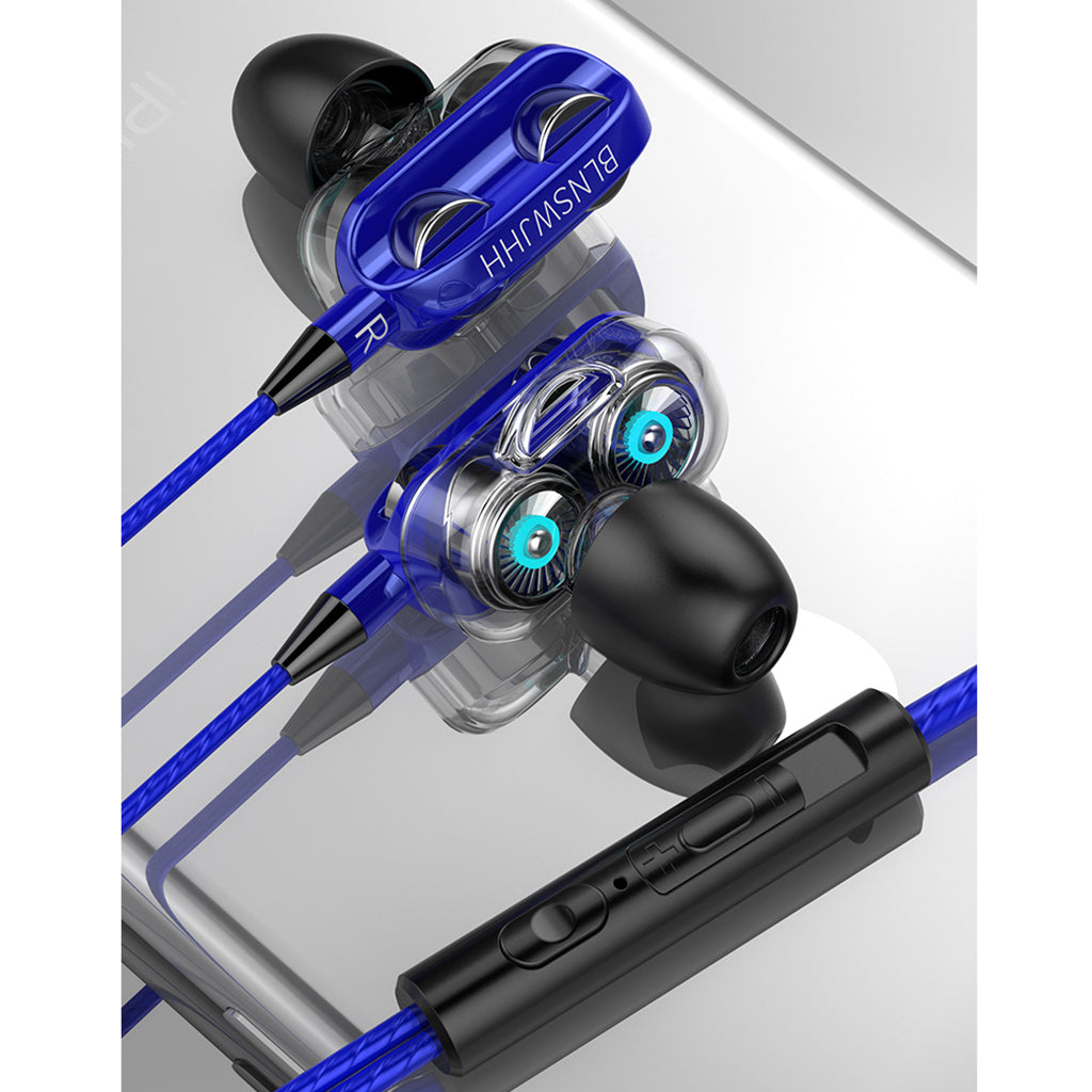 Double Speaker 1.2M Wired 3.5MM Earphone Earbuds HiFi Stereo Headset Blue