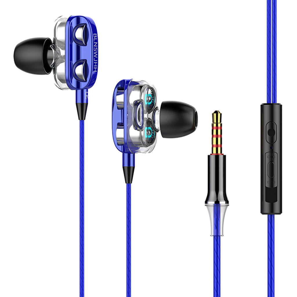 Double Speaker 1.2M Wired 3.5MM Earphone Earbuds HiFi Stereo Headset Blue