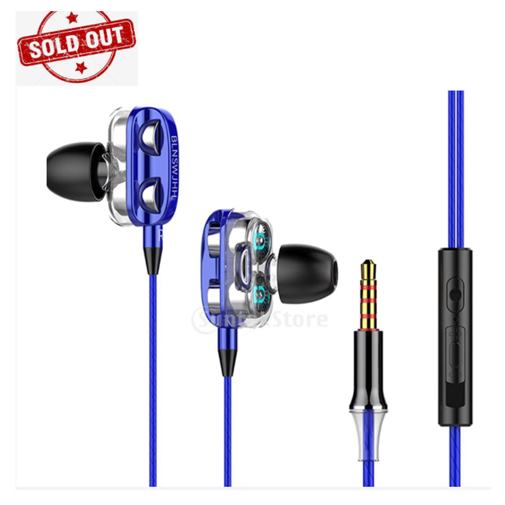 Double Speaker 1.2M Wired 3.5MM Earphone Earbuds HiFi Stereo Headset Blue