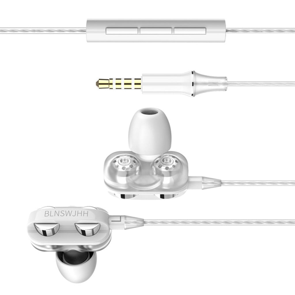 Double Speaker 1.2M Wired 3.5MM Earphone Earbuds HiFi Stereo Headset White