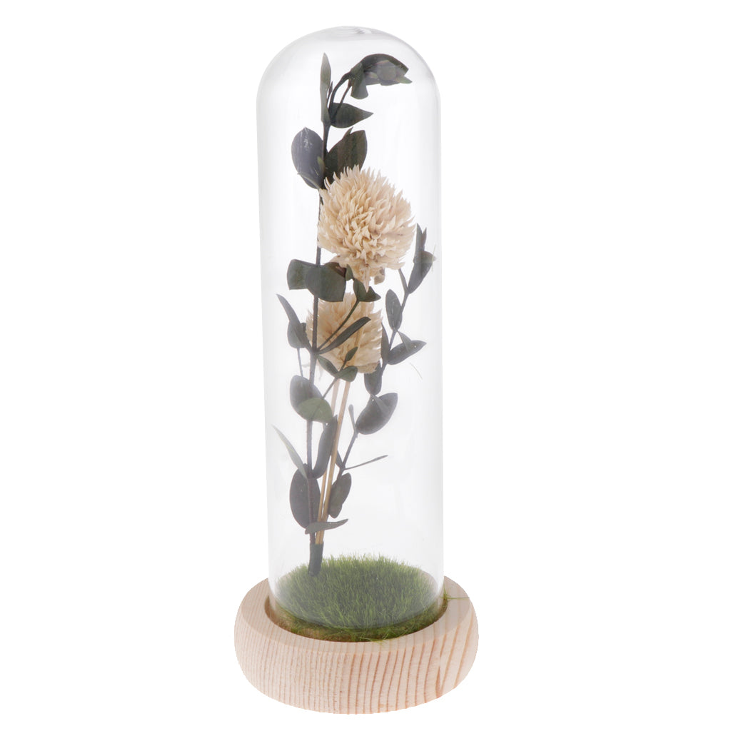 Artificial Flowers in Glass Dome on a Wooden Base for Home Decor White