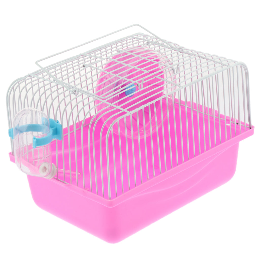 Hamster Cage Transport Box with Running Wheel Water Bottle Dish Pink