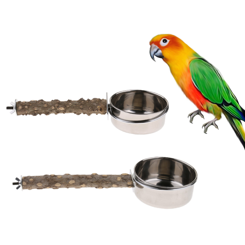 Parrot Wooden Stand Bar with Stainless Steel Food Bowl Cage Accessories S