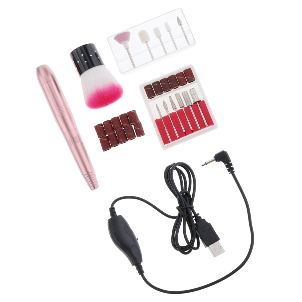 Electric Nail Drill File Machine Kit Manicure Nail Polisher Drill Bits Brush Golden