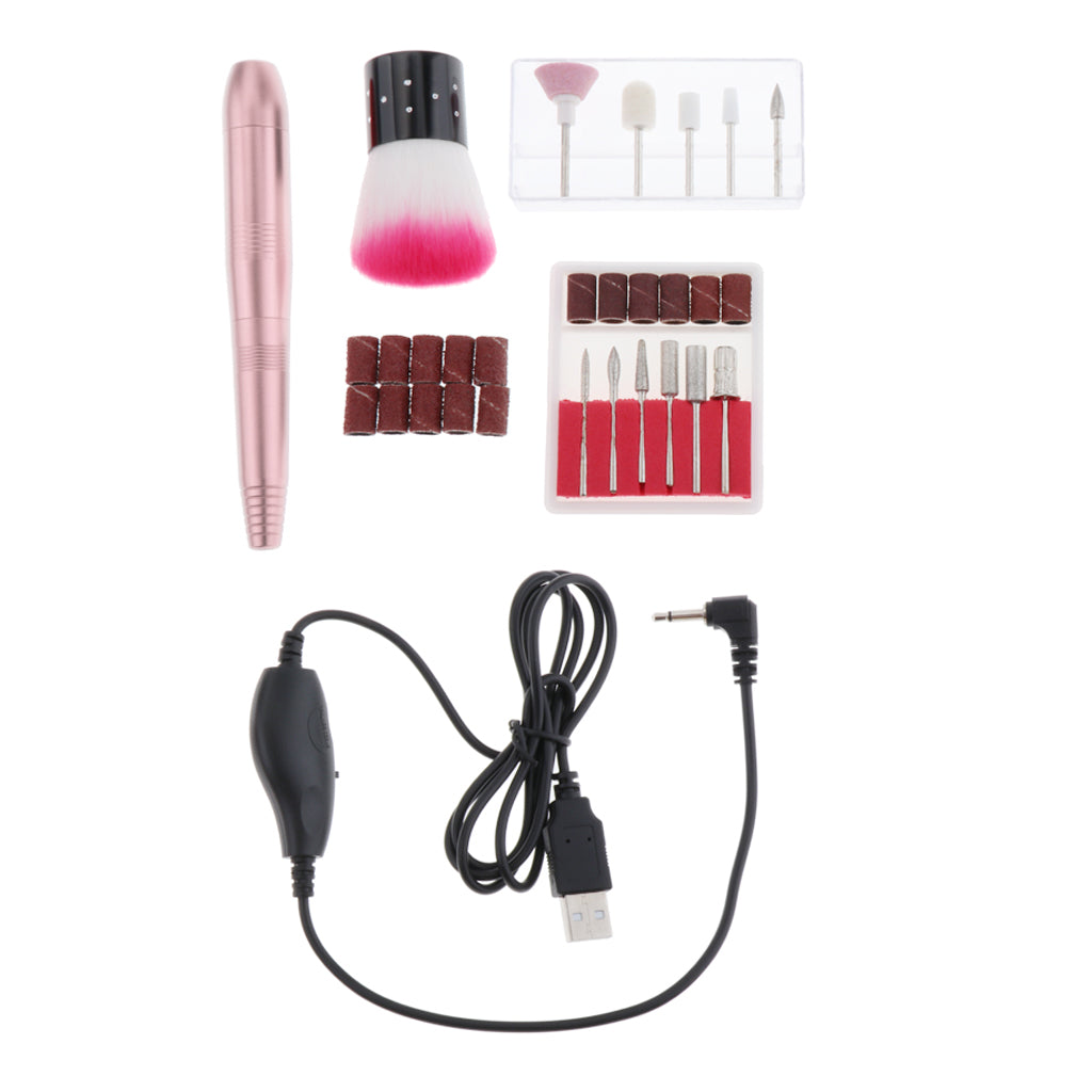 Electric Nail Drill File Machine Kit Manicure Nail Polisher Drill Bits Brush Golden